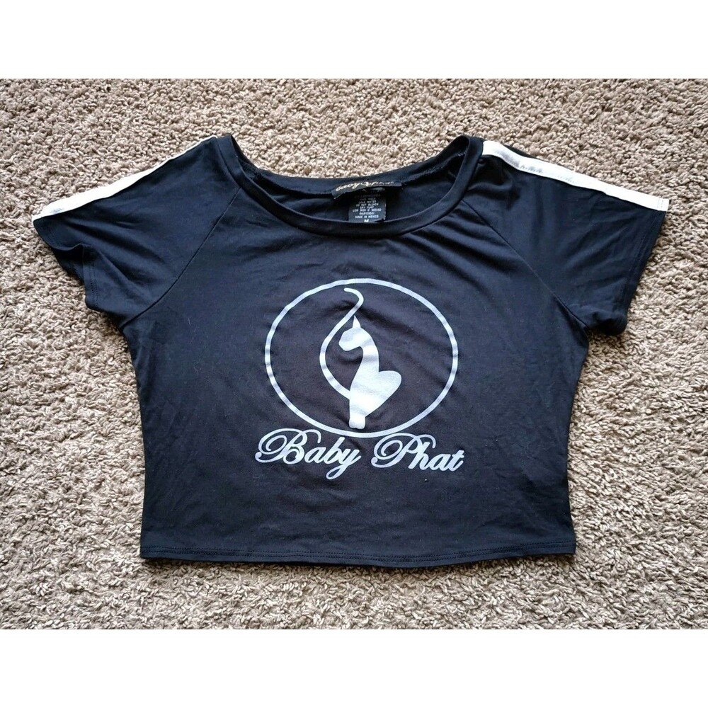 Vintage Baby Phat Crop Top T-Shirt Women's Medium Graphic Black Short Sleeve